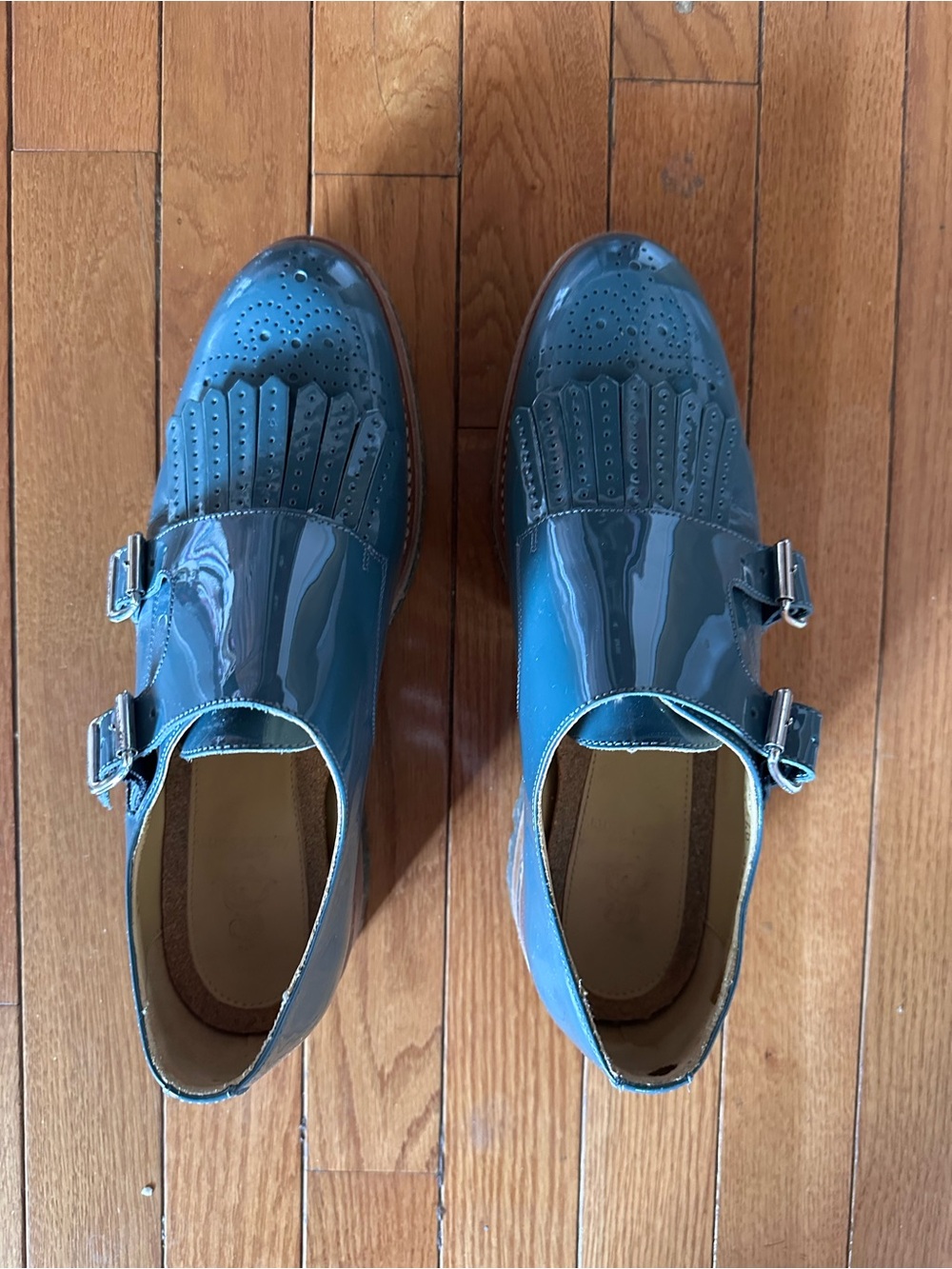 The Office of Angela Scott, Womens, Teal Patent Leather Monk Strap Shoes